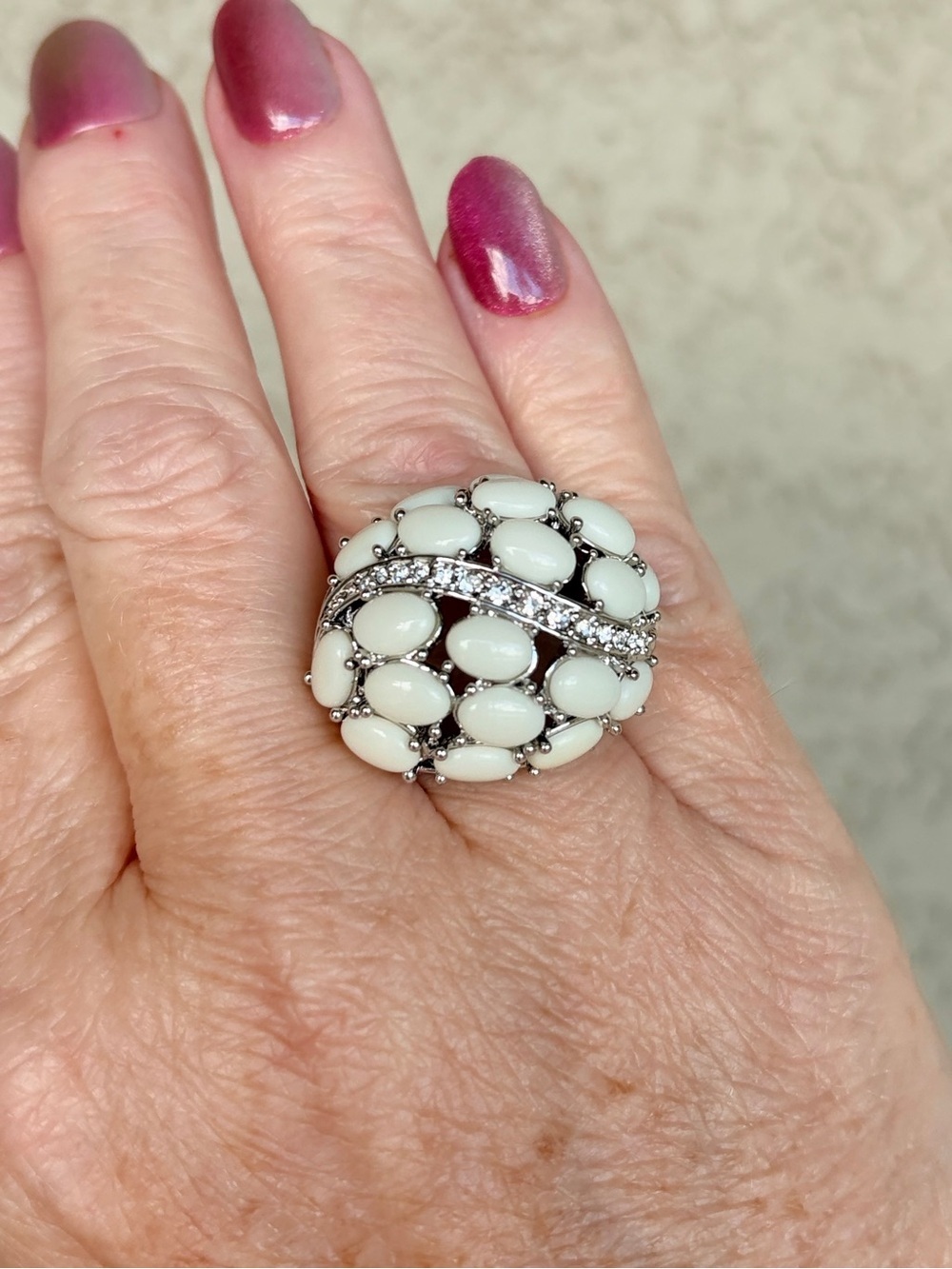 Camille Lucie White Cabochon Cluster Dome Ring with Pavé Band